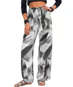 Fashion Drawstring Leaf Print Beach Pants Summer Casual Loose Wide Leg Straight Trousers Womens Clothing